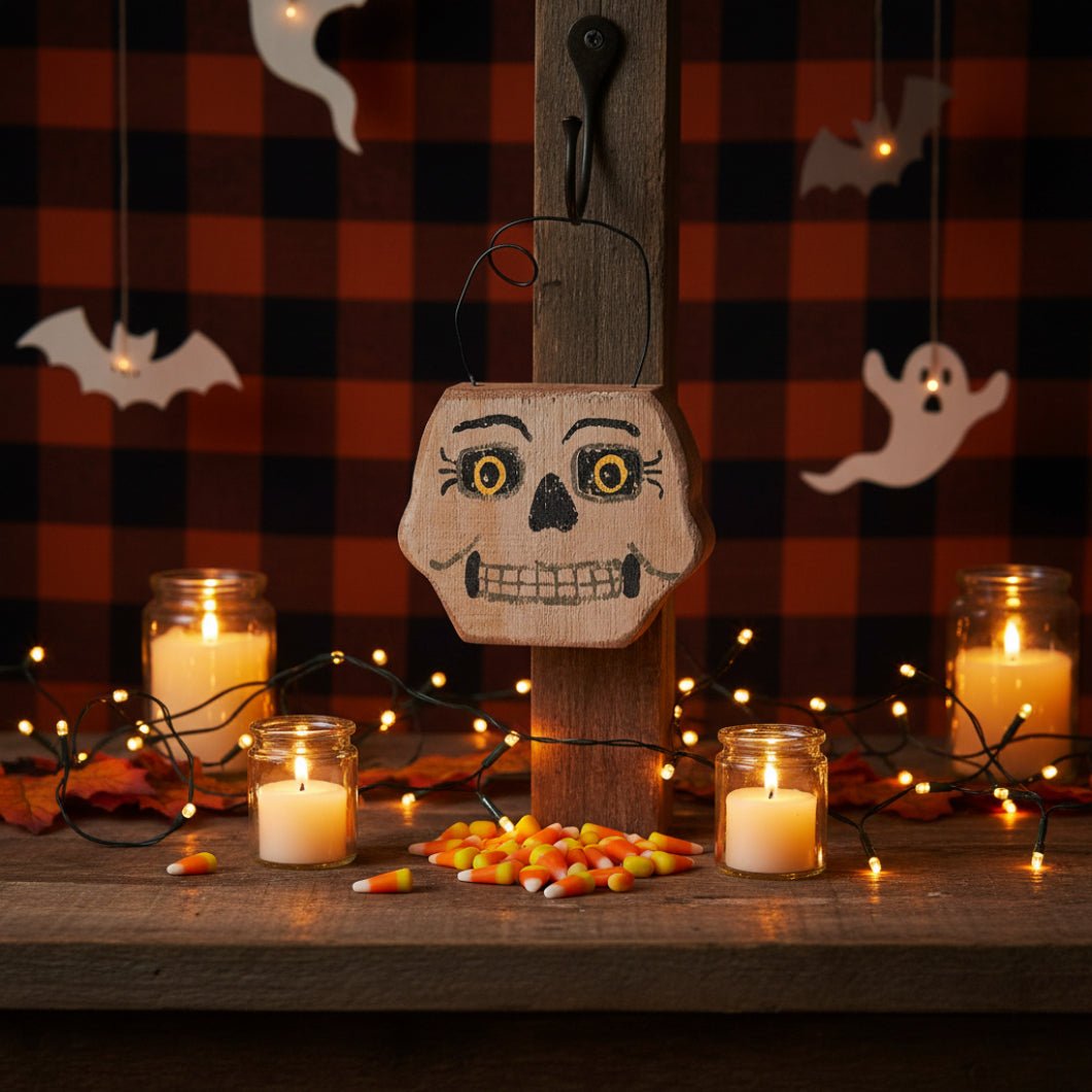 Primitive Rustic Halloween 6" Chunky Wood Skeleton Face Ornament /Shelf Sitter - The Primitive Pineapple Collection