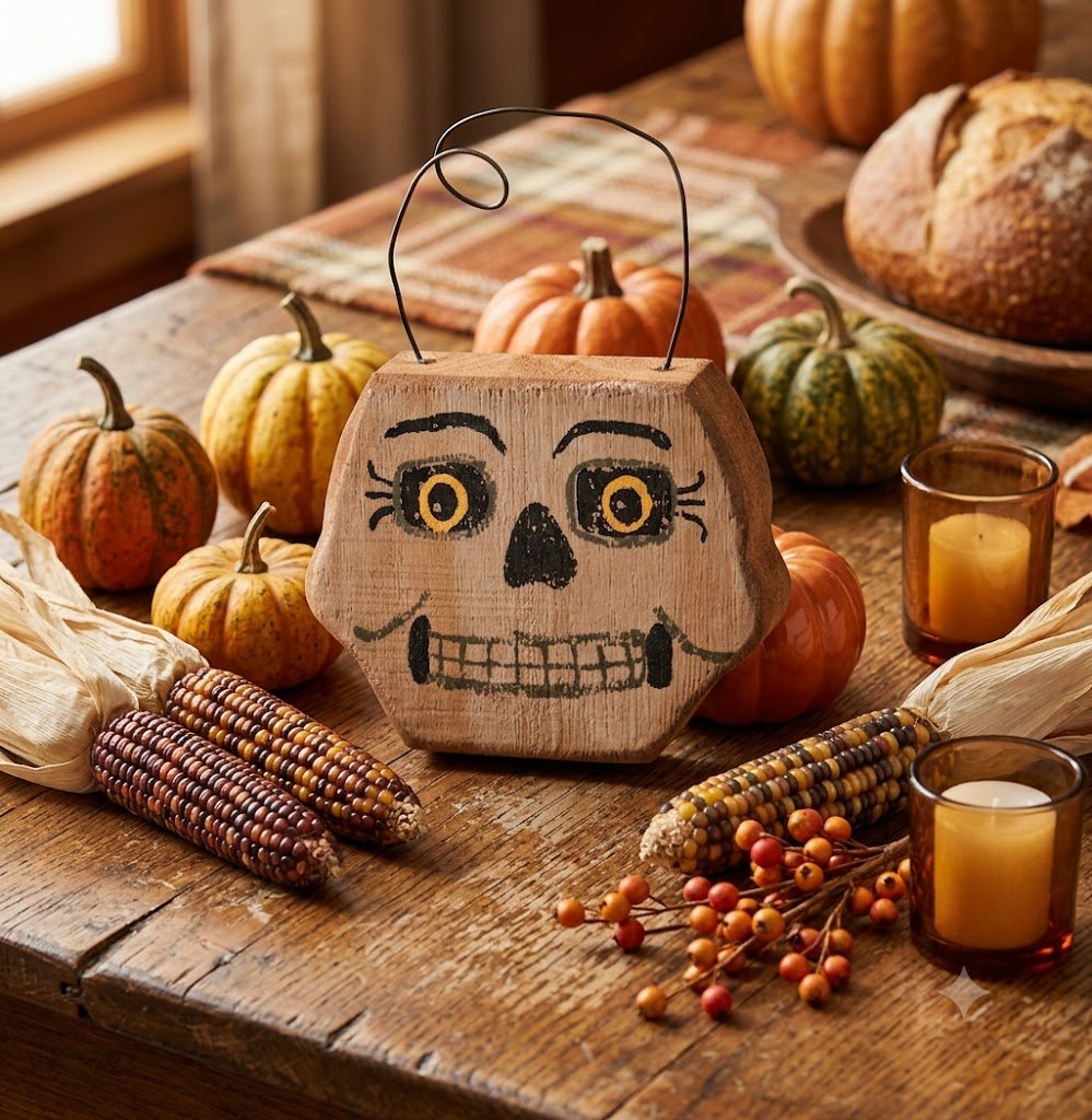 Primitive Rustic Halloween 6" Chunky Wood Skeleton Face Ornament /Shelf Sitter - The Primitive Pineapple Collection