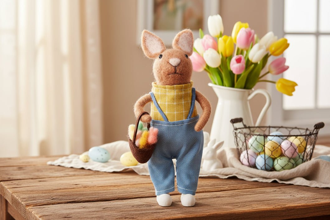 Farmhouse Spring Easter Food Basket Bunny Figurine - The Primitive Pineapple Collection