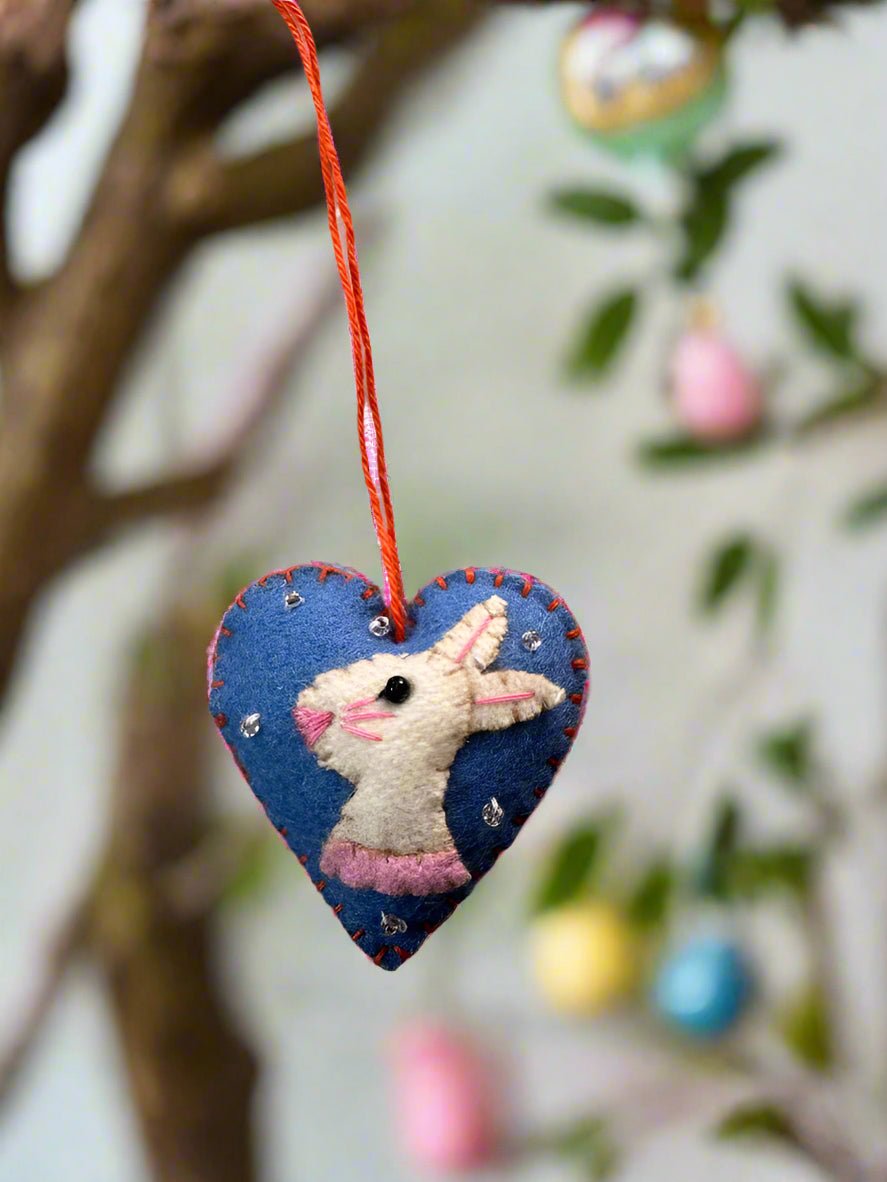 Primitive Handcrafted Spring Easter Felt 2” Heart w/ Spring Bunny Ornament - The Primitive Pineapple Collection