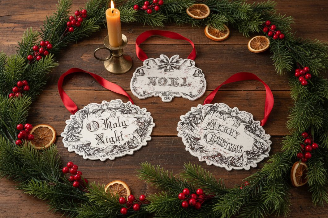 Primitive Christmas Embossed Metal Vintage Christmas Ornament Set 3 pc - The Primitive Pineapple Collection