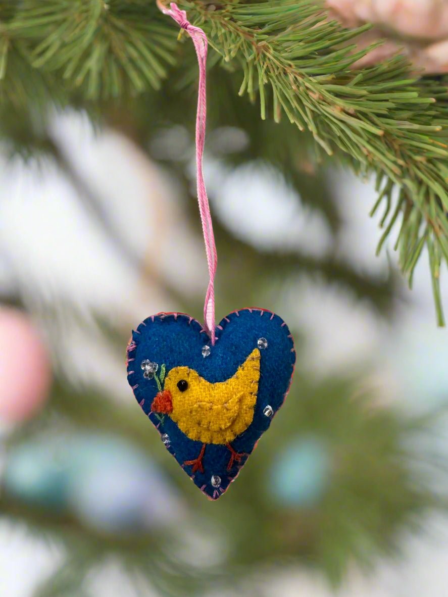 Primitive Handcrafted Spring Easter Felt 2” Heart w/ Chick Ornament - The Primitive Pineapple Collection
