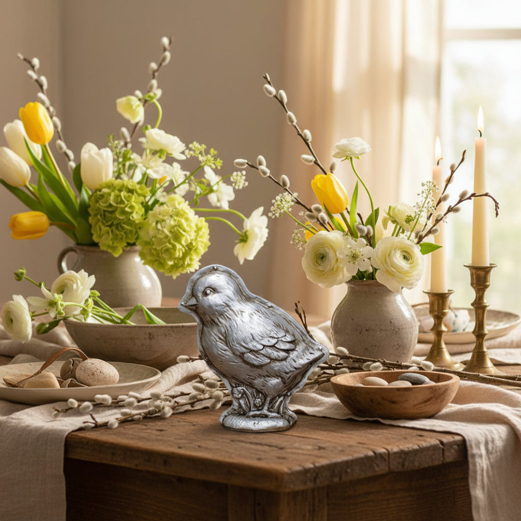 Primitive Farmhouse Faux Silver Chick Chocolate Mold Sitter 5.25" - The Primitive Pineapple Collection