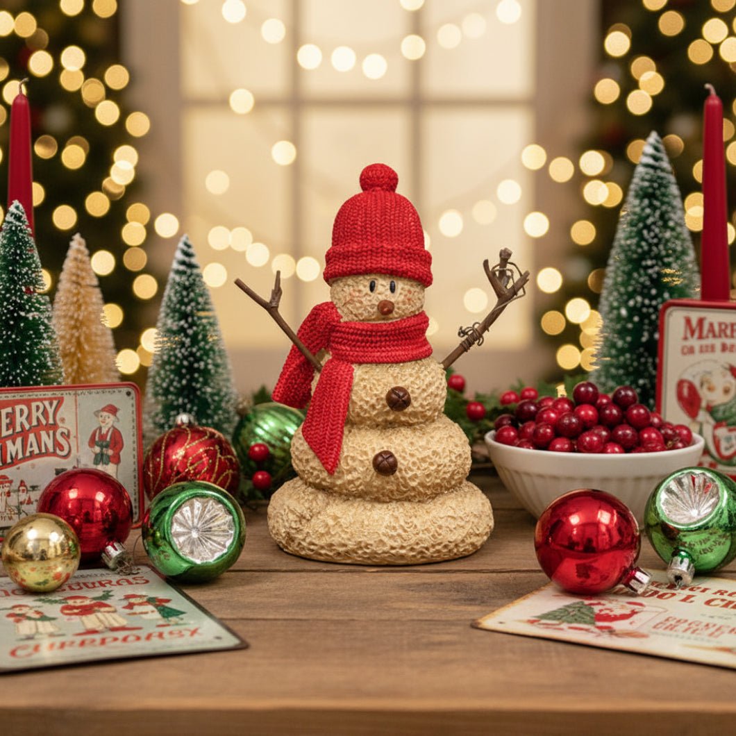 Christmas Resin Red Hat & Scarf Melting Snowman - 7"H - The Primitive Pineapple Collection