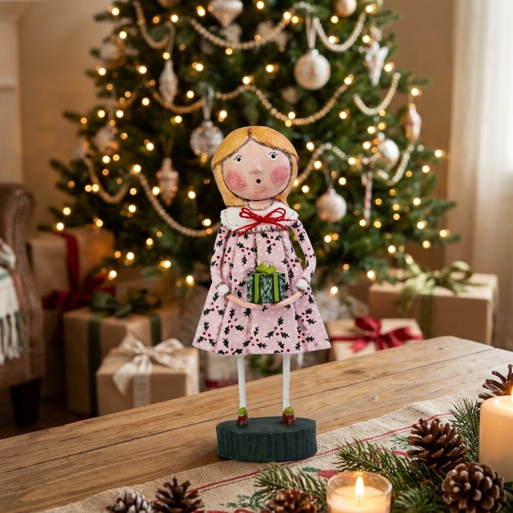 Lori Mitchell Christmas Evie with Gift Figurine 6" - The Primitive Pineapple Collection