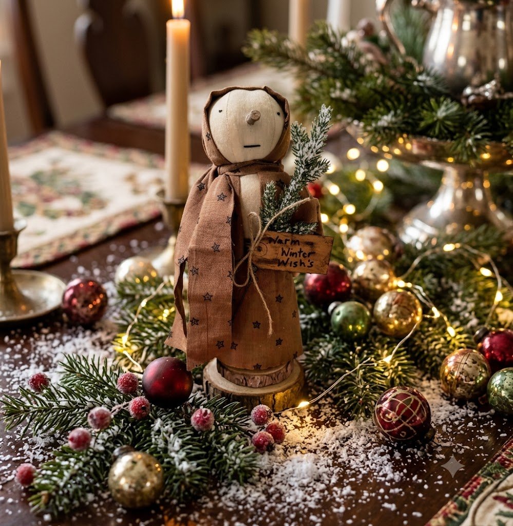 Primitive Handcrafted 13" Snow Girl Doll w/ Greens Wood Stand - The Primitive Pineapple Collection
