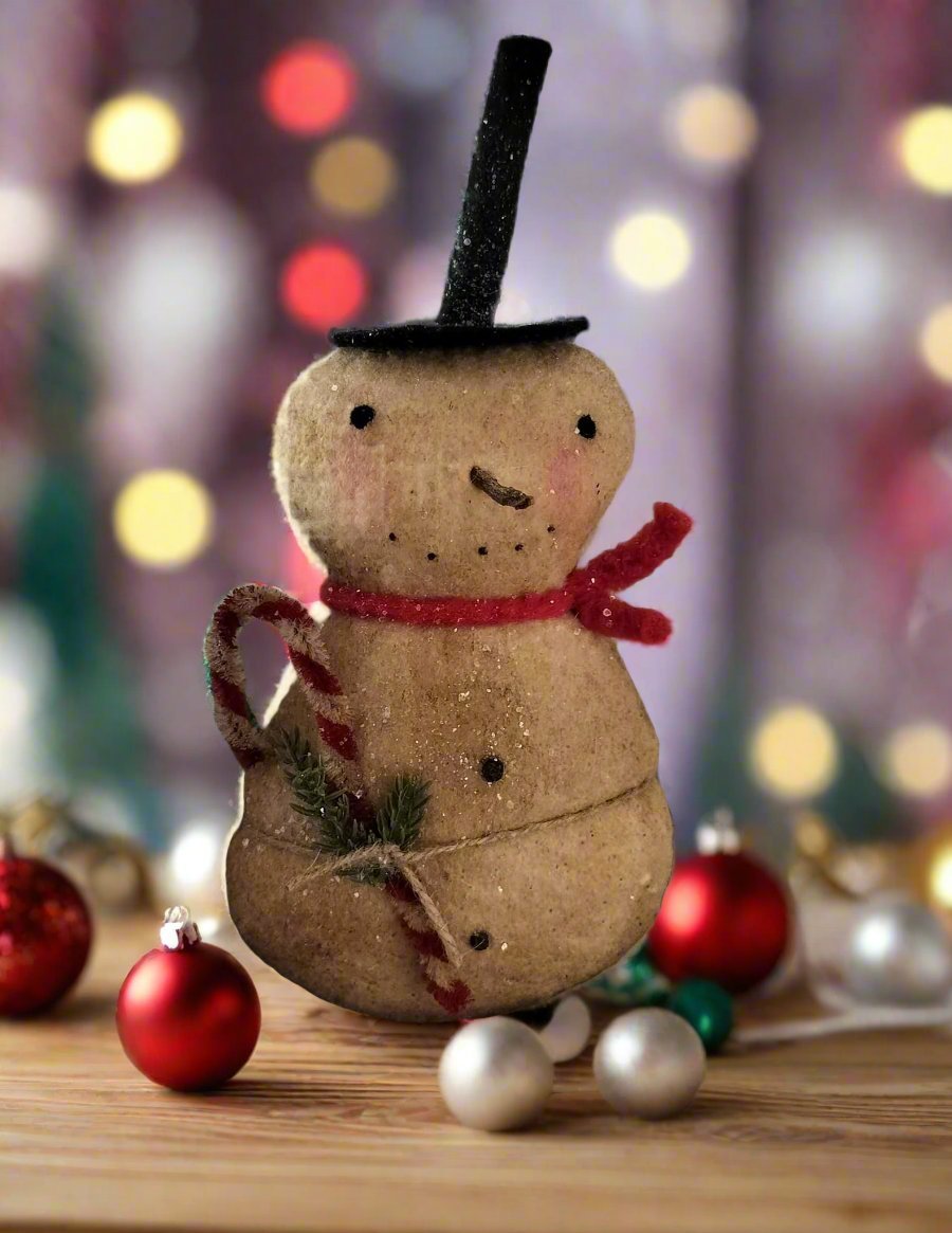 Primitive Handcrafted USA Christmas 8.5” Candy Cane Snowman - The Primitive Pineapple Collection