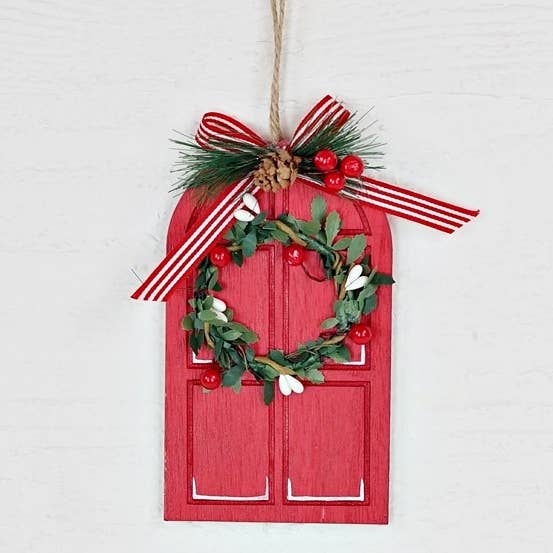 Primitive Christmas 5.5" Red Colonial Door with Wreath Ornament - The Primitive Pineapple Collection