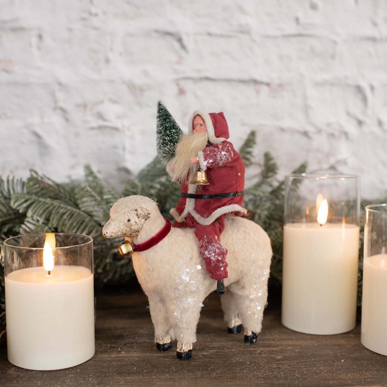 Ragon House Christmas 8" Santa w/ Sheep and Bottle Brush Tree Figurine - The Primitive Pineapple Collection