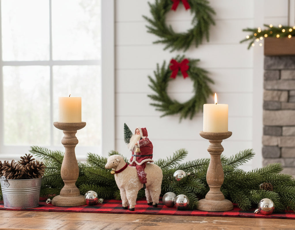 Ragon House Christmas 8" Santa w/ Sheep and Bottle Brush Tree Figurine - The Primitive Pineapple Collection