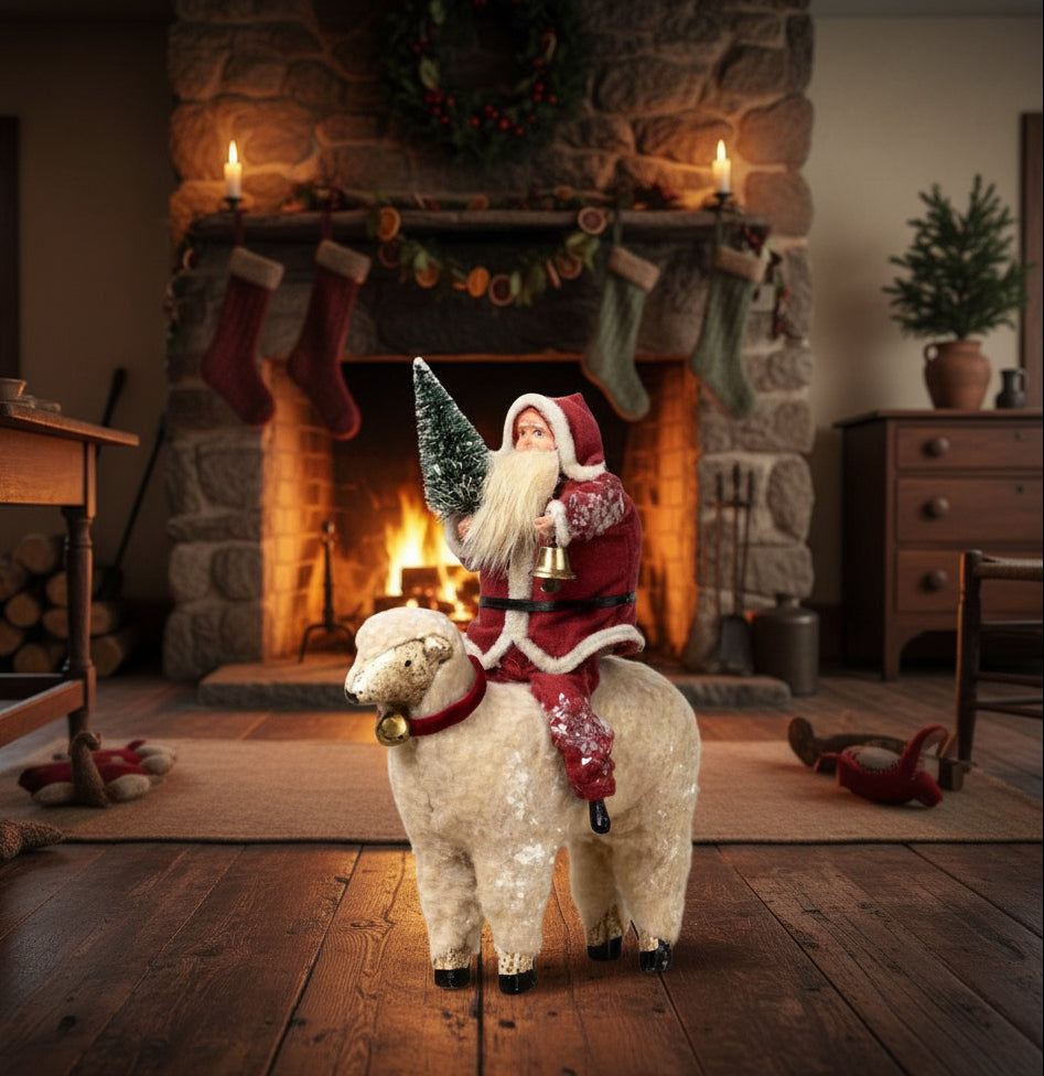 Ragon House Christmas 8" Santa w/ Sheep and Bottle Brush Tree Figurine - The Primitive Pineapple Collection