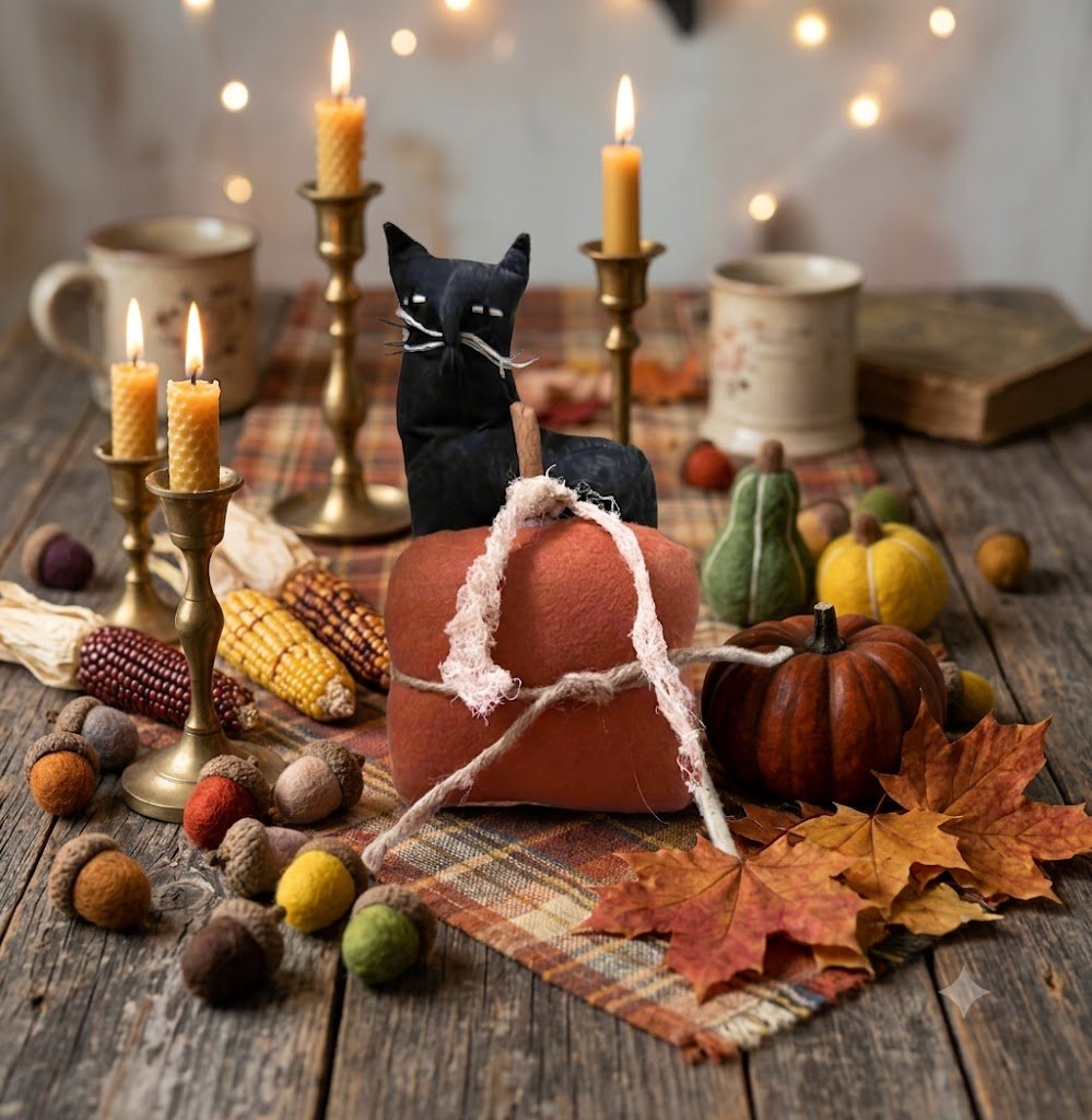 Primitive Fall Halloween Handcrafted Black Cat with Pumpkin Shelf Sitter - The Primitive Pineapple Collection
