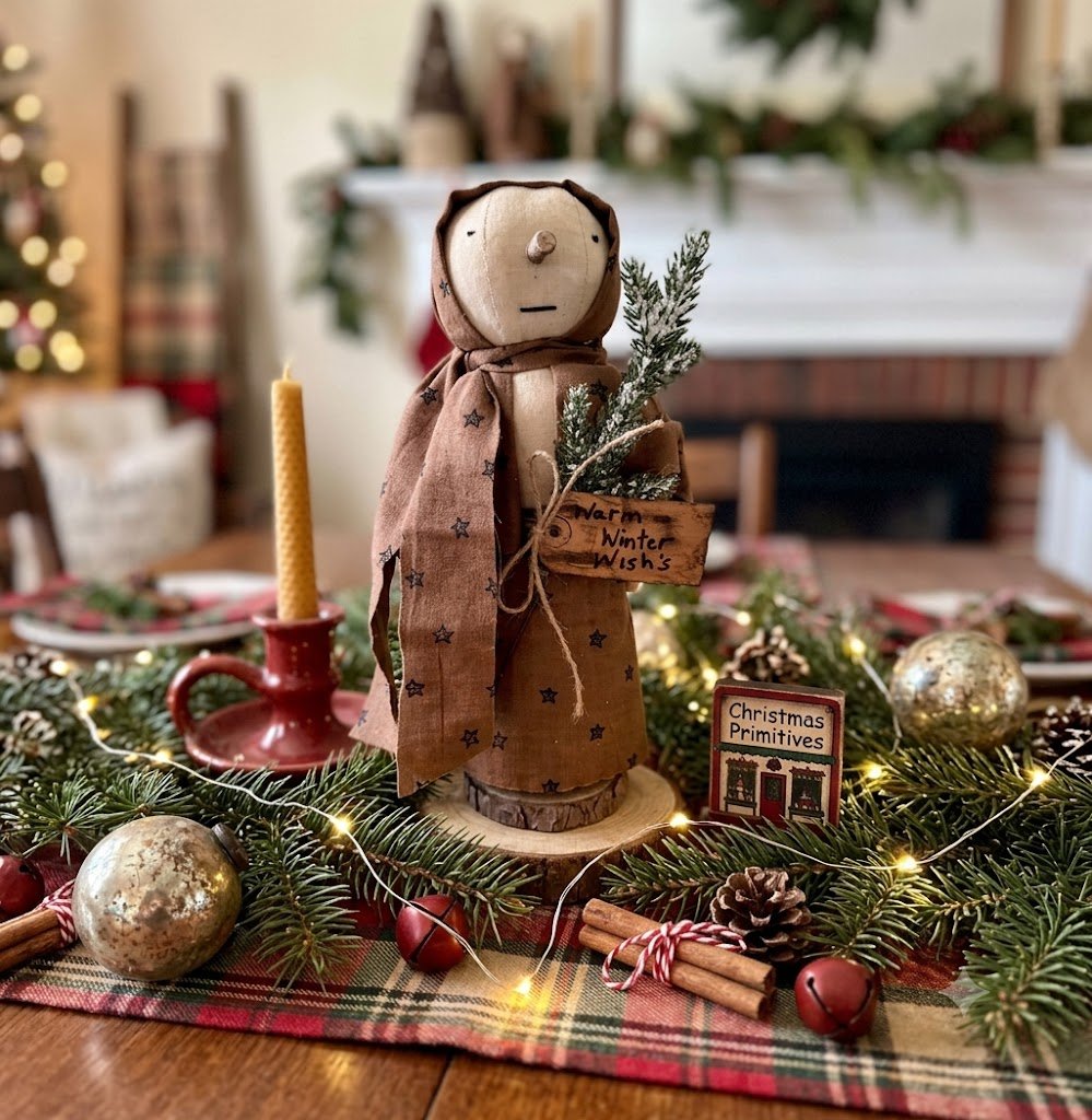 Primitive Handcrafted 13" Snow Girl Doll w/ Greens Wood Stand - The Primitive Pineapple Collection