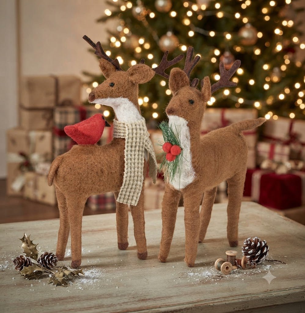 Primitive Country Christmas Felt Primitive Country Christmas Felt 2 pc Reindeer with Cardinal - The Primitive Pineapple Collection