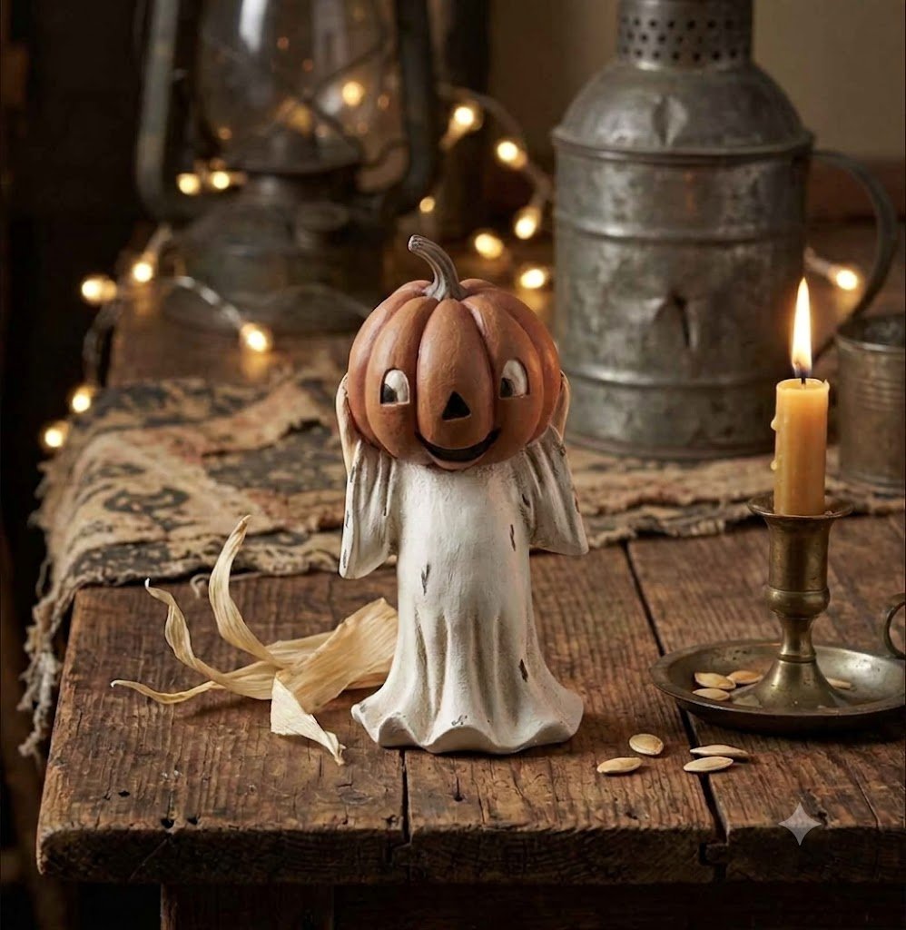 Folk Art Halloween 6.25 "Silly Jack O Lantern Head Ghost Figurine 2 Styles - The Primitive Pineapple Collection