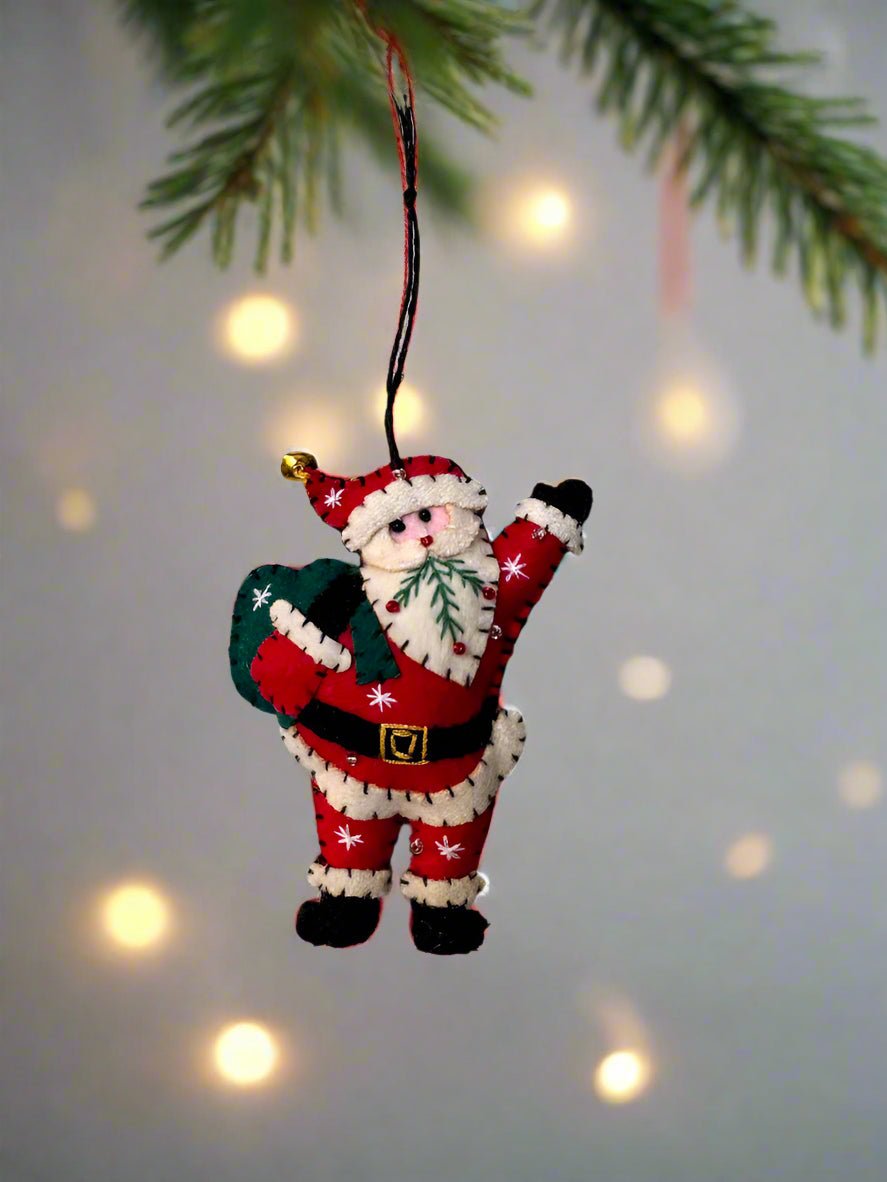 Primitive Christmas Handcrafted Felt 4” Santa w/ Green Toy Sack Ornament - The Primitive Pineapple Collection