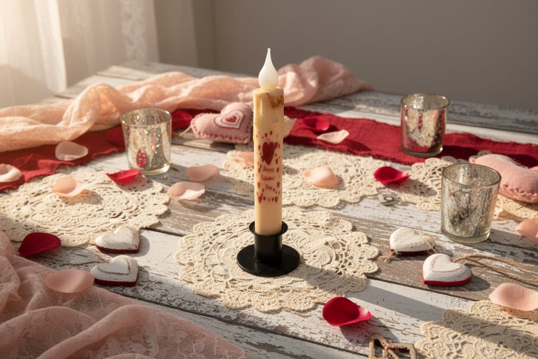 Handcrafted Spring 7" Happy Valentines Day w/ Hearts Led Timer Taper Candle - The Primitive Pineapple Collection