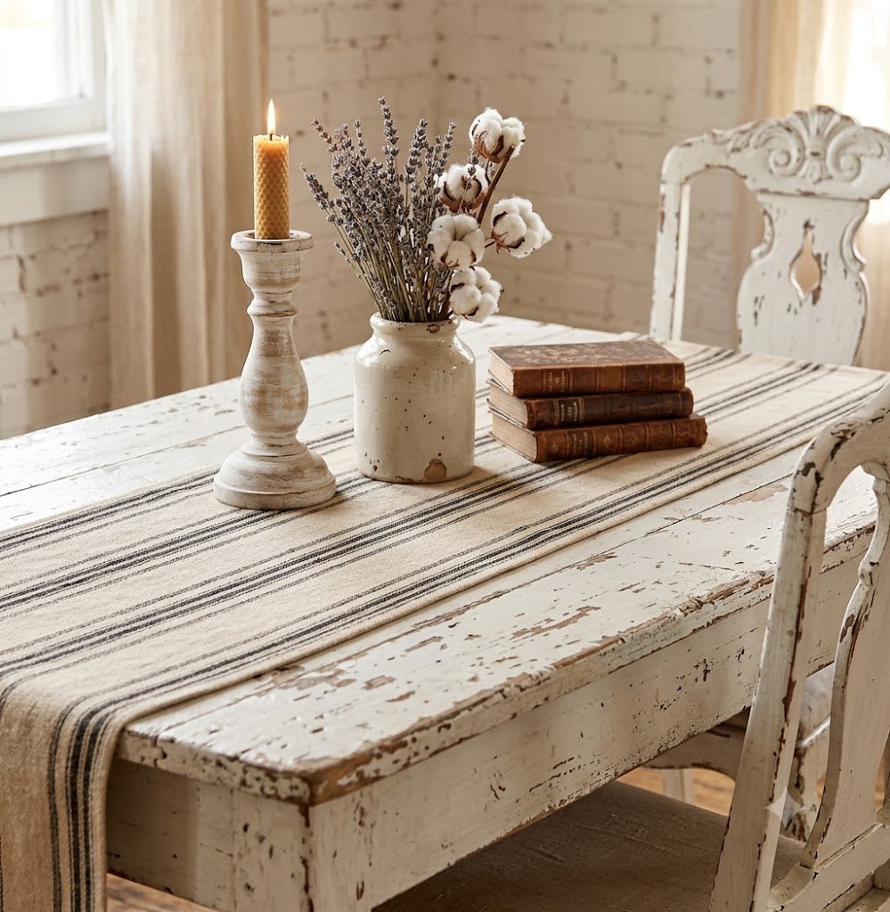 Primitive Colonial Farmhouse Black Stripe Oat Grain Sack Table Runner 14x45" - The Primitive Pineapple Collection