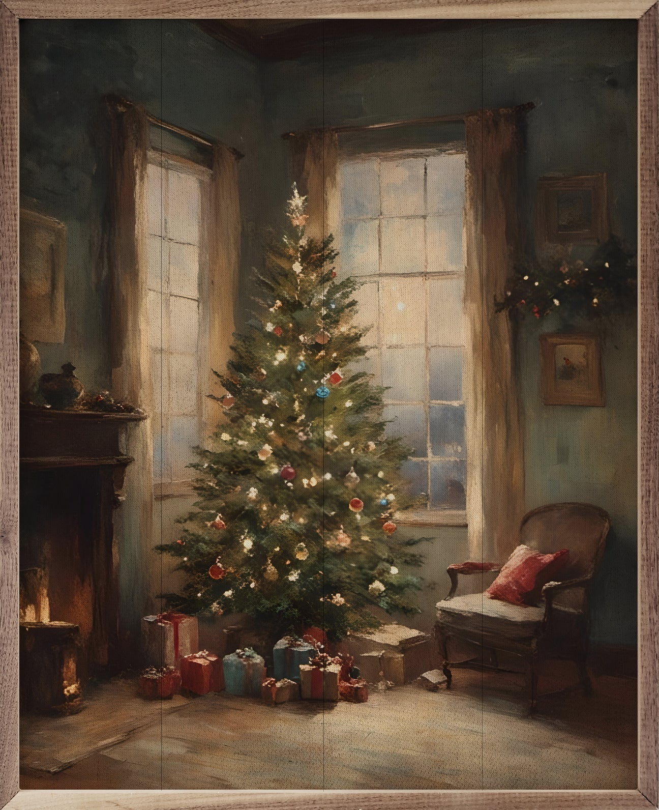 Handcrafted Walnut Framed Christmas Classic Simple Christmas Tree Art