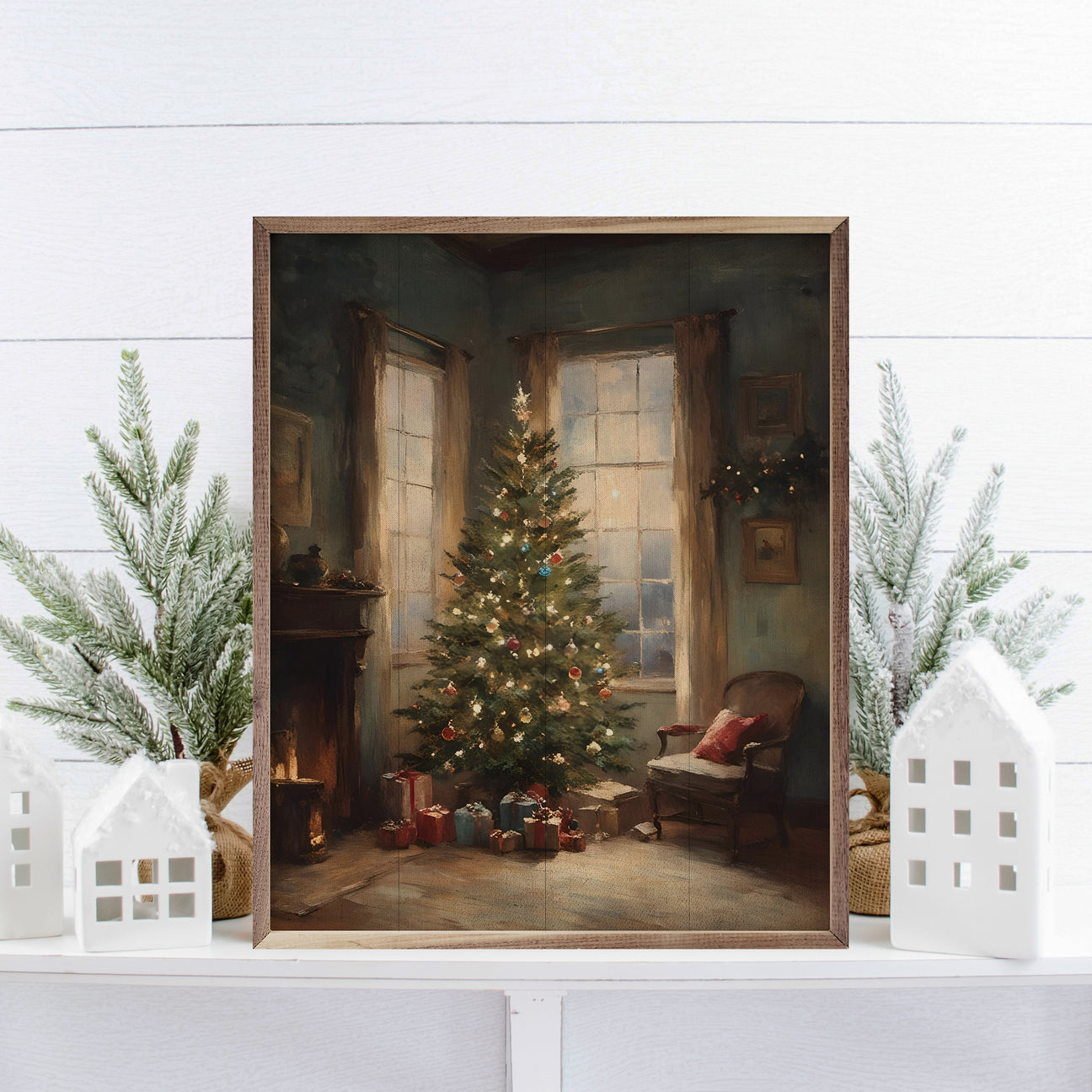 Handcrafted Walnut Framed Christmas Classic Simple Christmas Tree Art