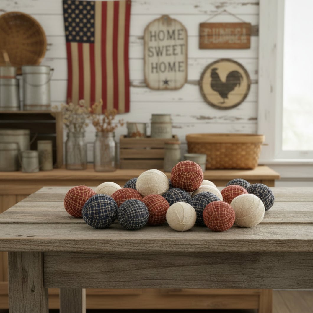 12 pc Americana Primitive Plaid Rag Balls - 1.5" Bowl Fillers - The Primitive Pineapple Collection