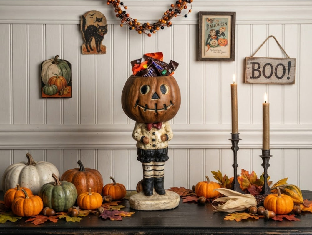 Ragon House Halloween Vintage Look 14" Pumpkin Boy w/ Striped Leggings Candy Dish