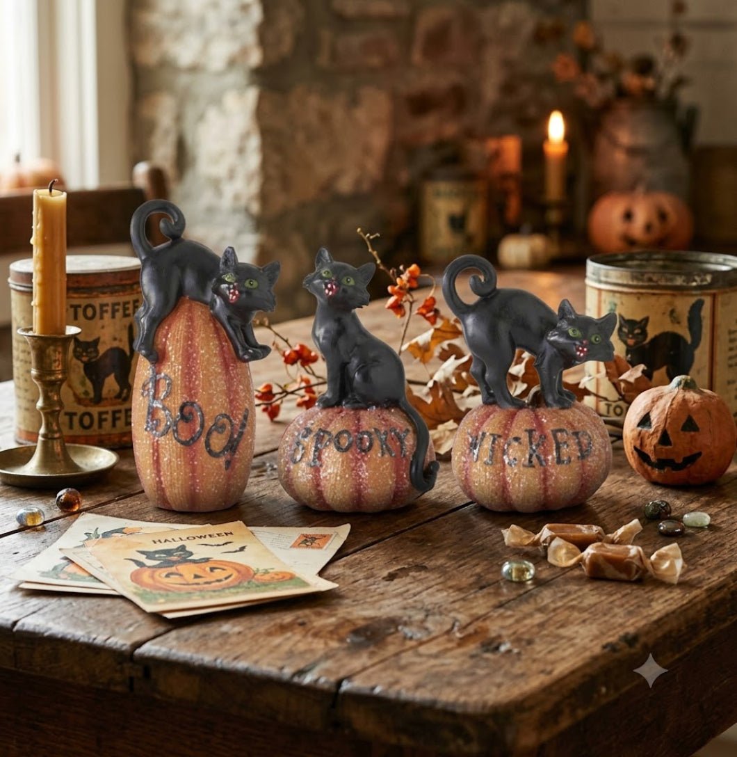 Halloween Black Cat on Glittered Pumpkin Figurine 6.5" – Primitive Folk Art Fall Decor 3 Styles - The Primitive Pineapple Collection