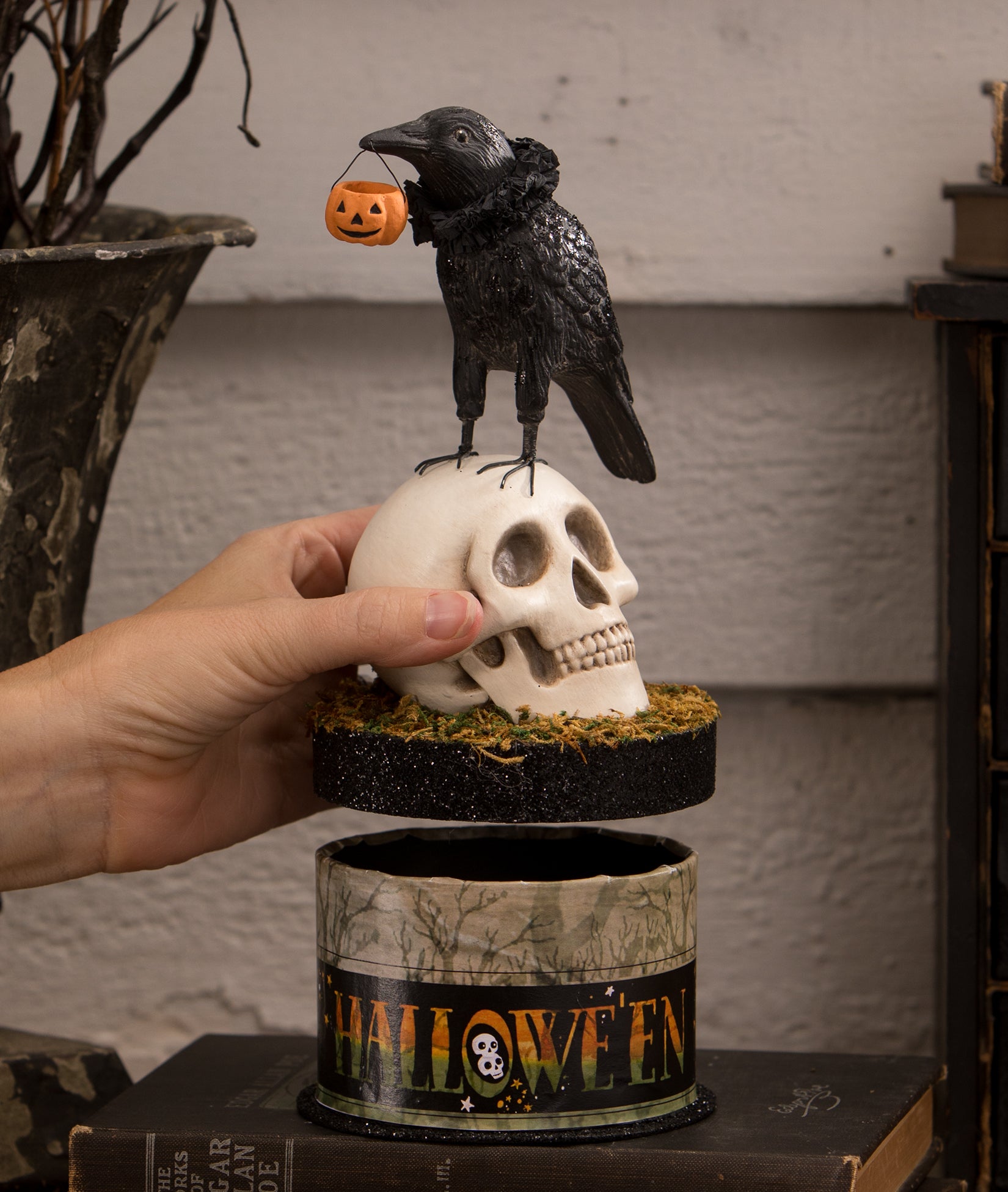 Bethany Lowe Halloween Crow and Skull on Box TL3356
