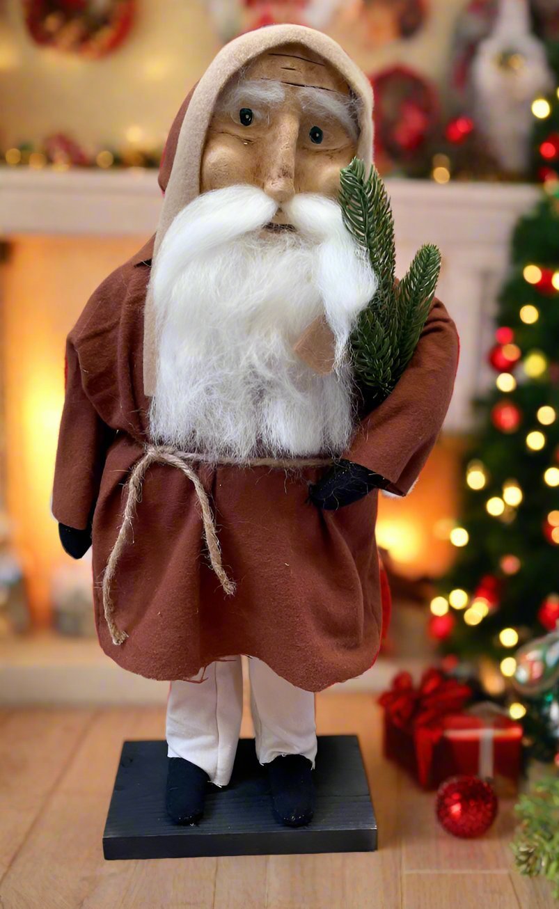 Primitive Christmas Hand Sculpted Clay Face Santa Brown Doll 18" - The Primitive Pineapple Collection
