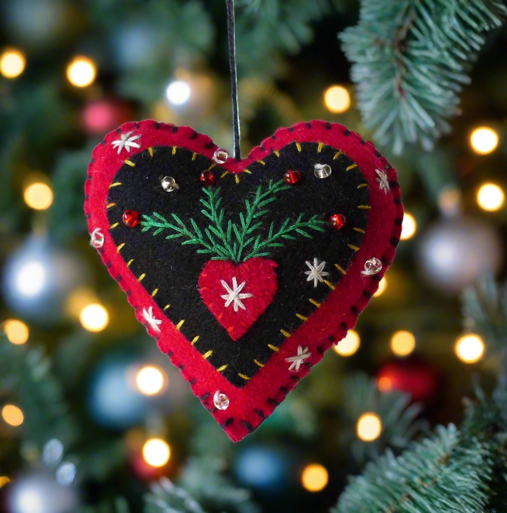Primitive Christmas Handcrafted Felt 3” Black and Red Heart w/ Feather Branch Ornament - The Primitive Pineapple Collection