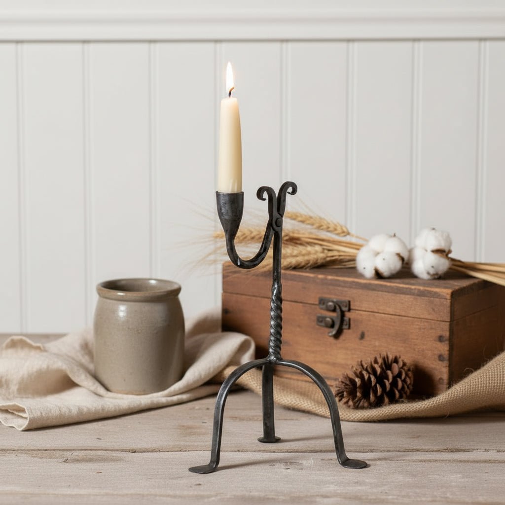 Reproduction Single Taper Aged Wrought Iron Candle Holder - The Primitive Pineapple Collection