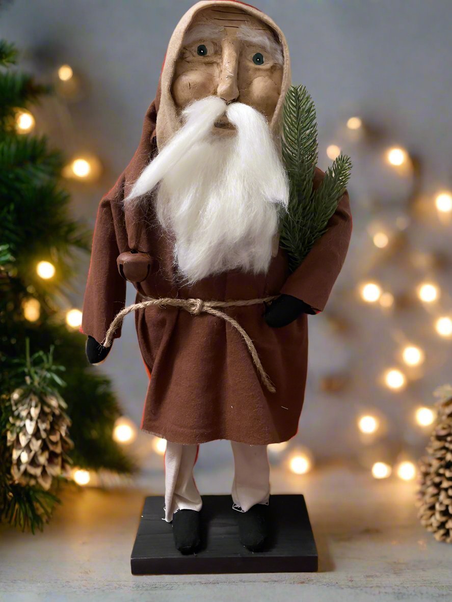 Primitive Christmas Hand Sculpted Clay Face Santa Brown Doll 19" - The Primitive Pineapple Collection