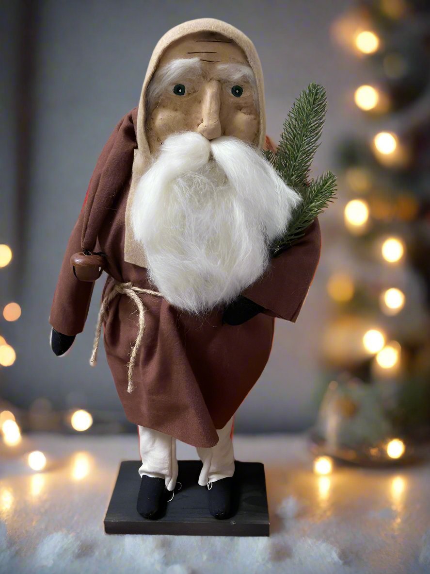 Primitive Christmas Hand Sculpted Clay Face Santa Brown Doll 19" - The Primitive Pineapple Collection