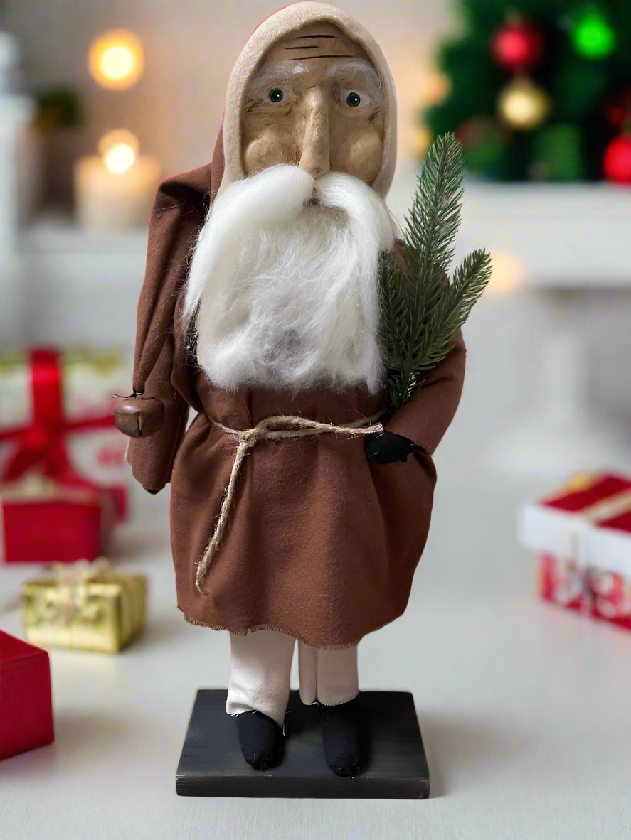 Primitive Christmas Hand Sculpted Clay Face Santa Brown Doll 19" - The Primitive Pineapple Collection