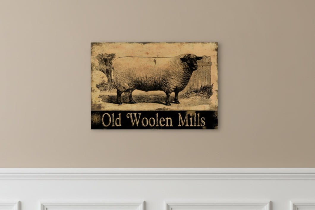 Olde Woolen Mills Sheep Metal Sign - 8x12 Primitive Farmhouse Wall Decor - The Primitive Pineapple Collection