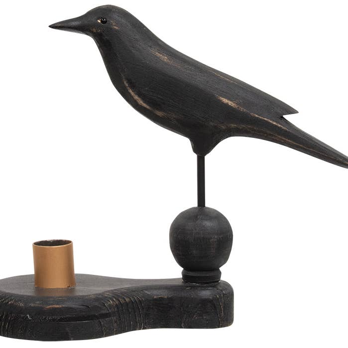 Primitive Farmhouse Black Wooden Crow Pedestal with Taper Candle Holder