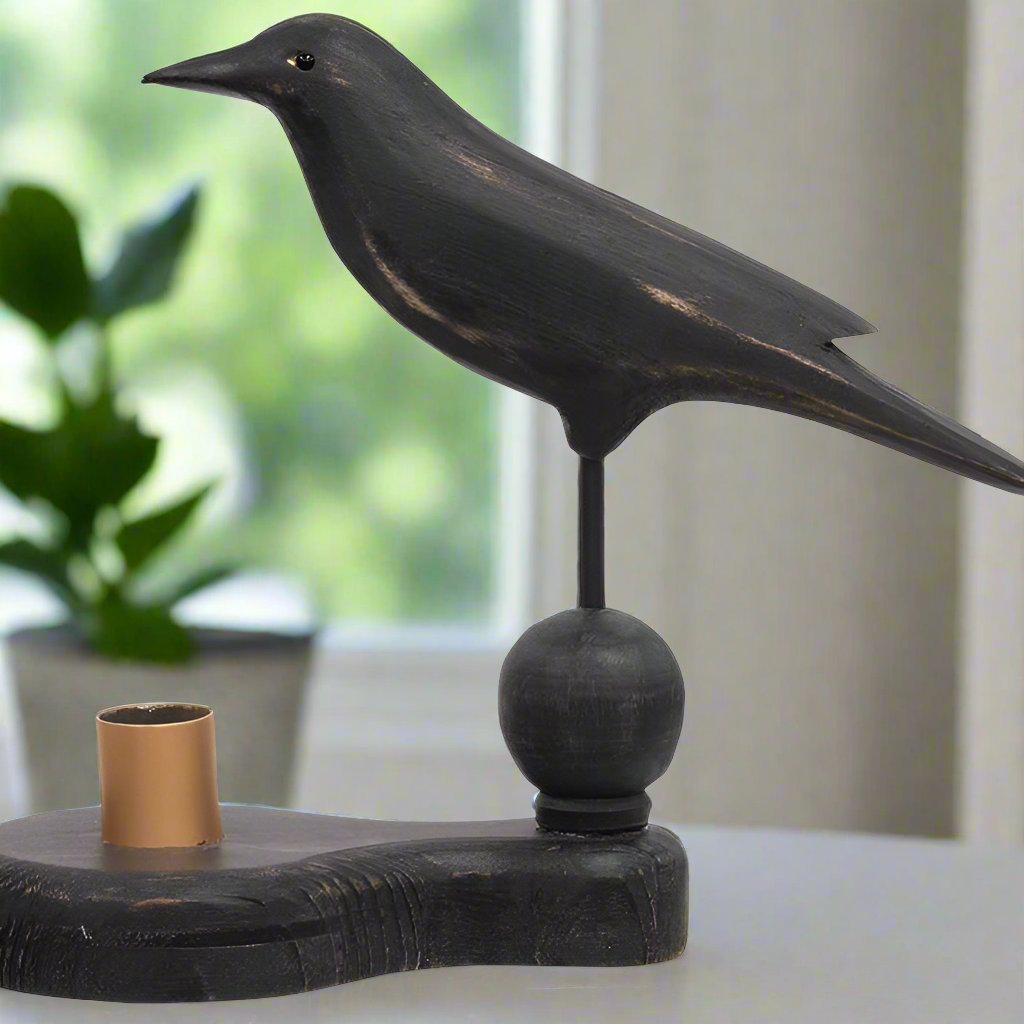 Primitive Farmhouse Black Wooden Crow Pedestal with Taper Candle Holder - The Primitive Pineapple Collection