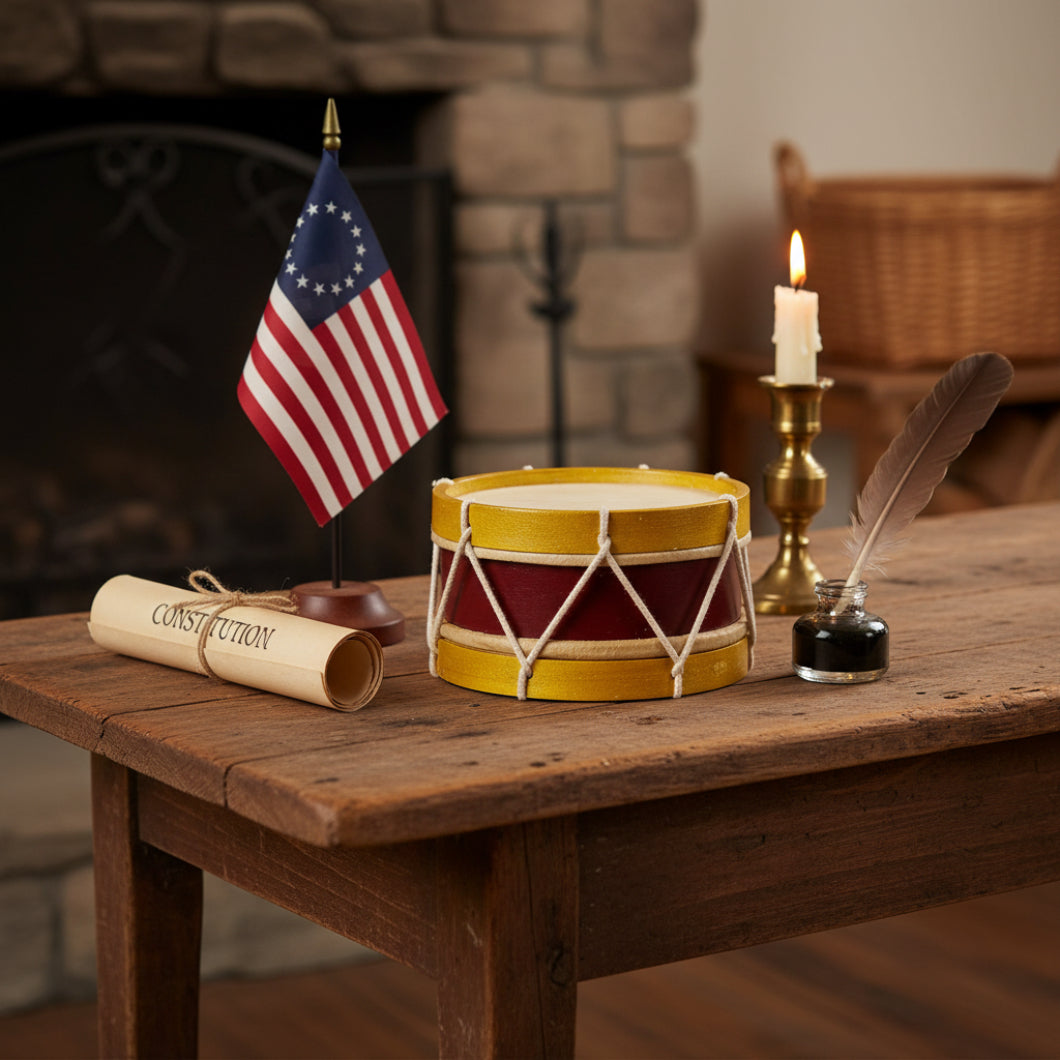 Primitive Colonial Reproduction 7 - 1/2" Civil - Revolutionary War Marching Drum & Drum Sticks - The Primitive Pineapple Collection