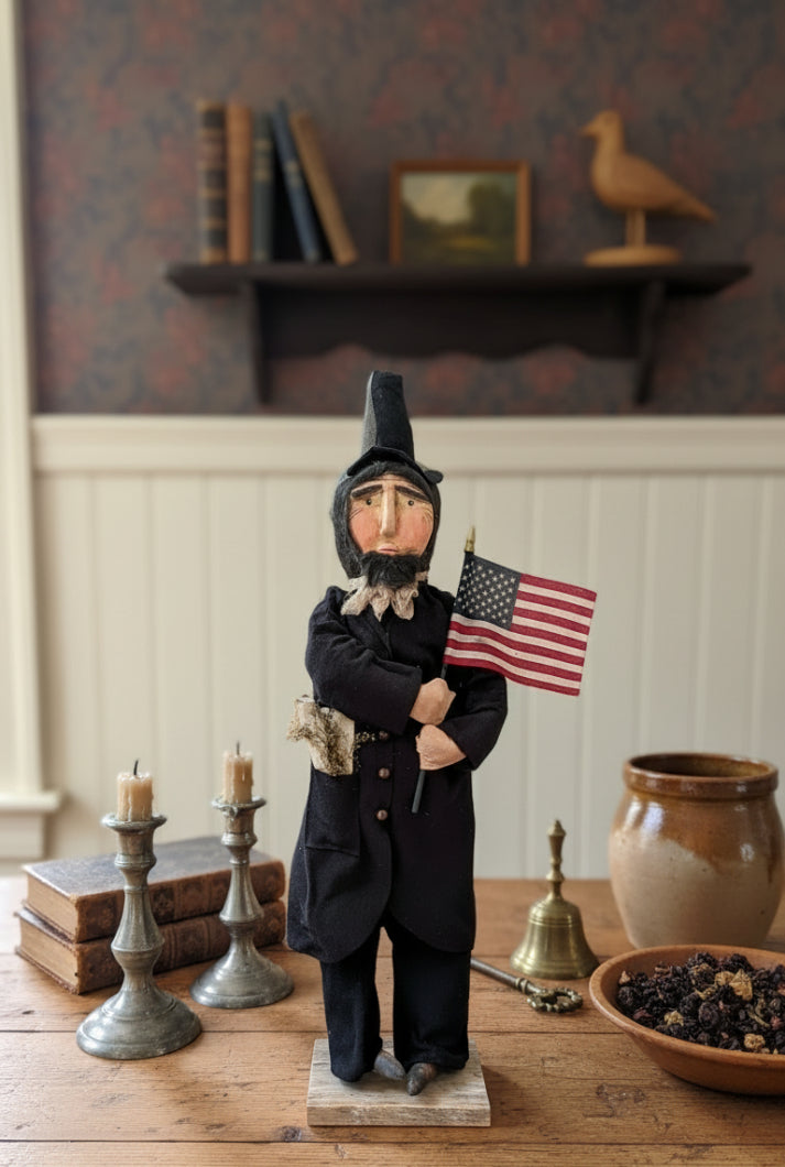 Handcrafted by Michelle Early American Hand Sculpted Abraham Lincoln Clay Face Doll Stand 27" - The Primitive Pineapple Collection