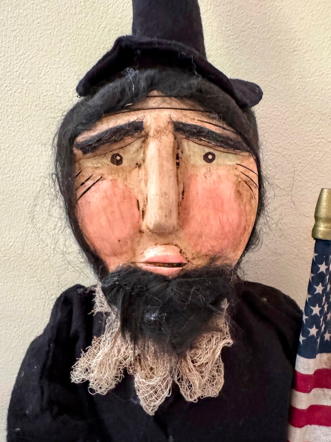 Handcrafted by Michelle Early American Hand Sculpted Abraham Lincoln Clay Face Doll Stand 27" - The Primitive Pineapple Collection