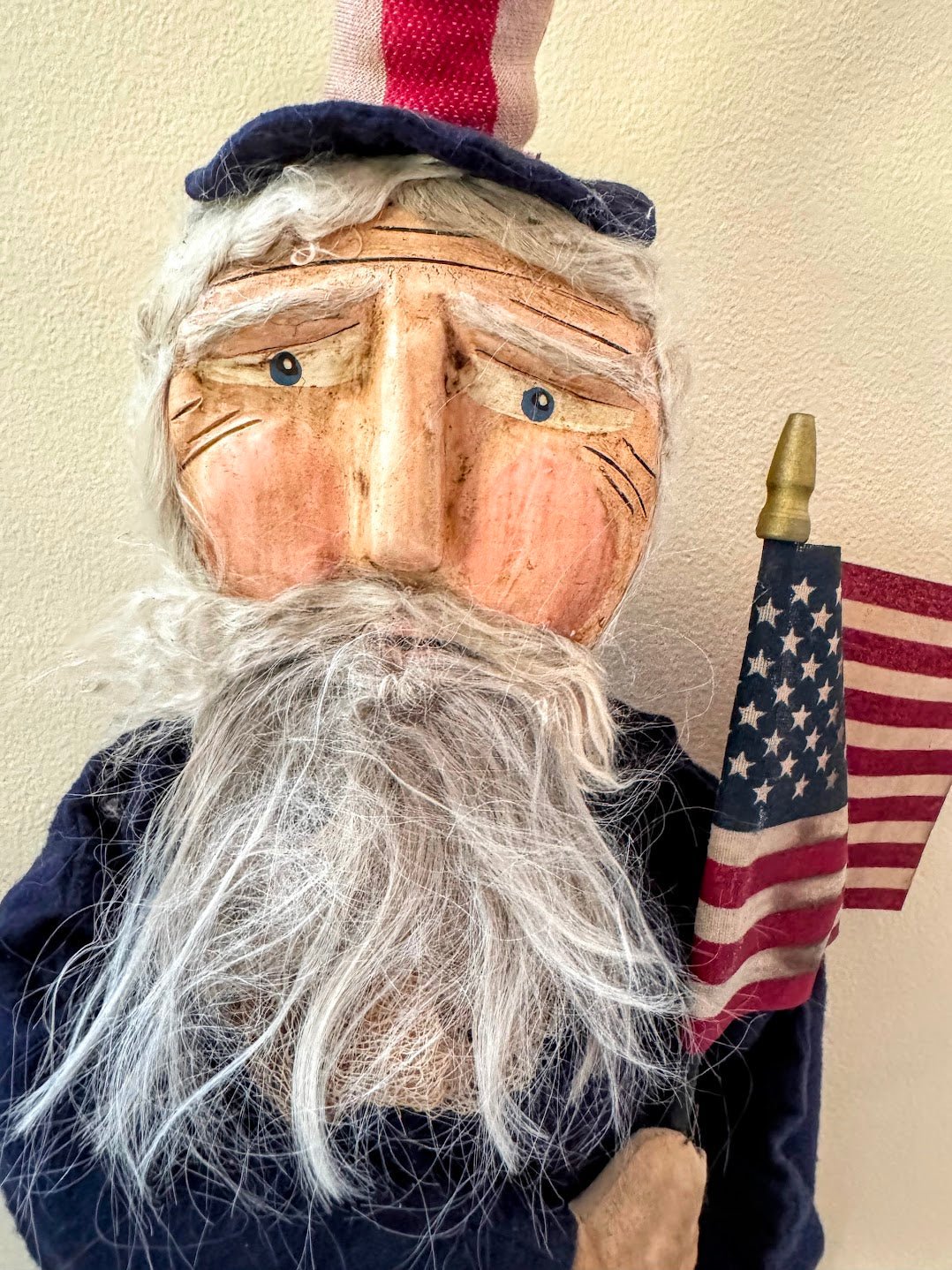 Handcrafted by Michelle Early American Hand Sculpted Uncle Sam Clay Face Doll On Stand 27" - The Primitive Pineapple Collection