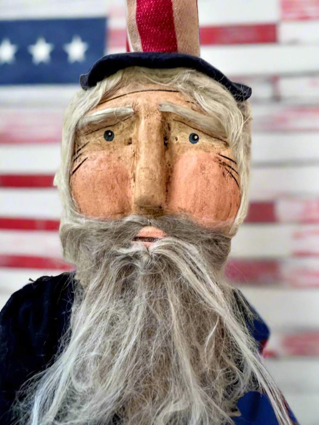 Handcrafted by Michelle Early American Hand Sculpted Uncle Sam Clay Face Doll On Stand 27" - The Primitive Pineapple Collection