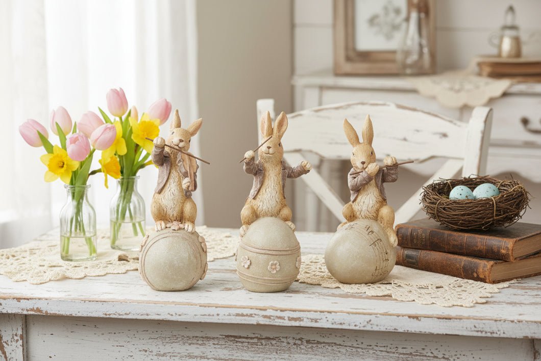 Farmhouse Spring Easter 8 Inch Brown Resin Musical Bunnies on Eggs 3 Designs - The Primitive Pineapple Collection