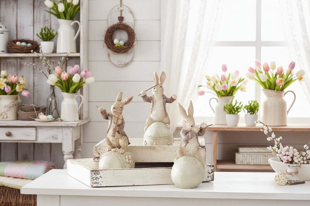 Farmhouse Spring Easter 8 Inch Brown Resin Musical Bunnies on Eggs 3 Designs - The Primitive Pineapple Collection