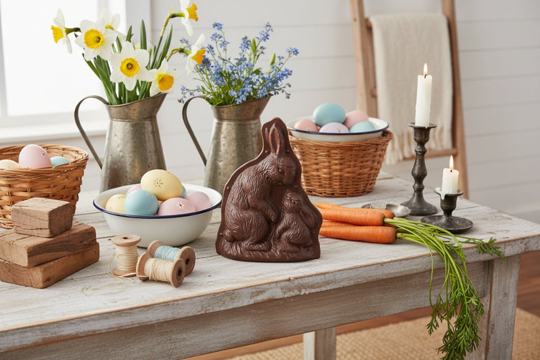 Primitive Spring Faux 7.5 Inch Resin Chocolate Mold Mother & Baby Bunny Figurine - The Primitive Pineapple Collection