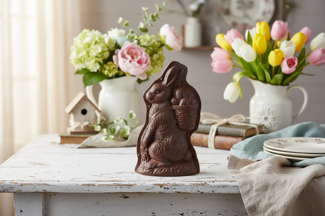 Primitive Spring Faux 9 Inch Resin Chocolate Mold Bunny with Egg Backpack Figurine
