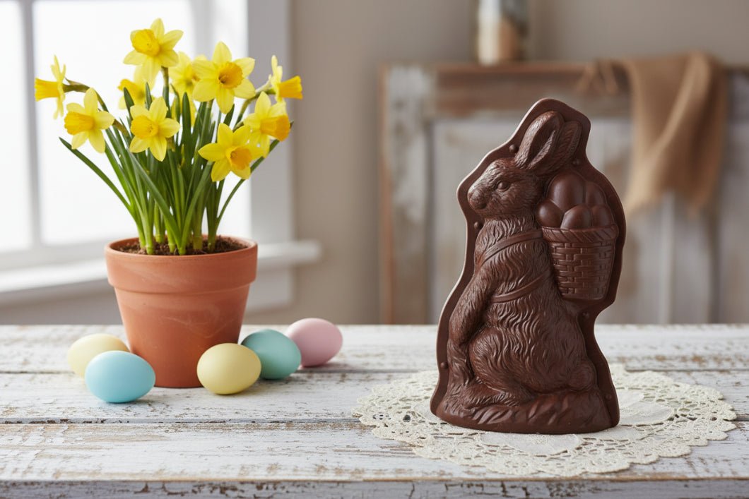 Primitive Spring Faux 9 Inch Resin Chocolate Mold Bunny with Egg Backpack Figurine