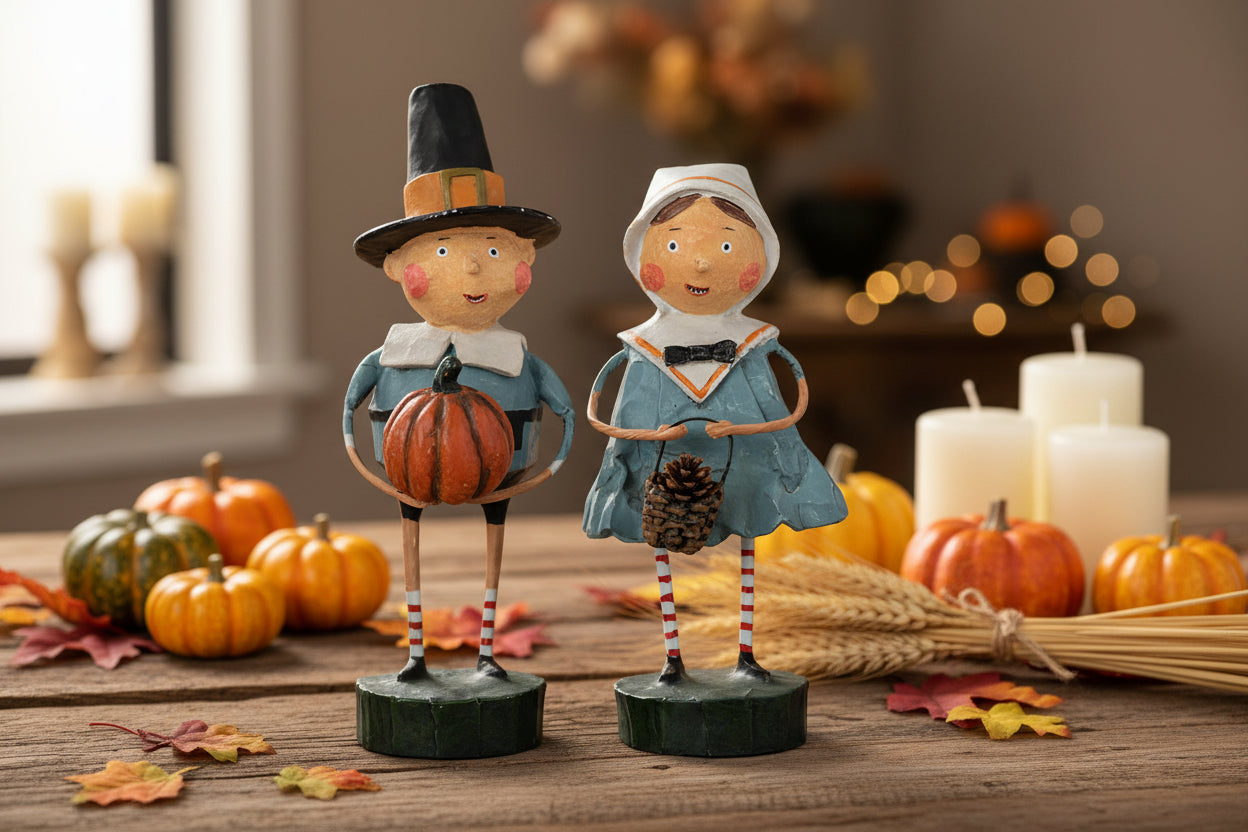ESC Folk Art Fall Tom & Goodie Thanksgiving Boy/Girl Lori Mitchell 2 Pc 20696 - The Primitive Pineapple Collection