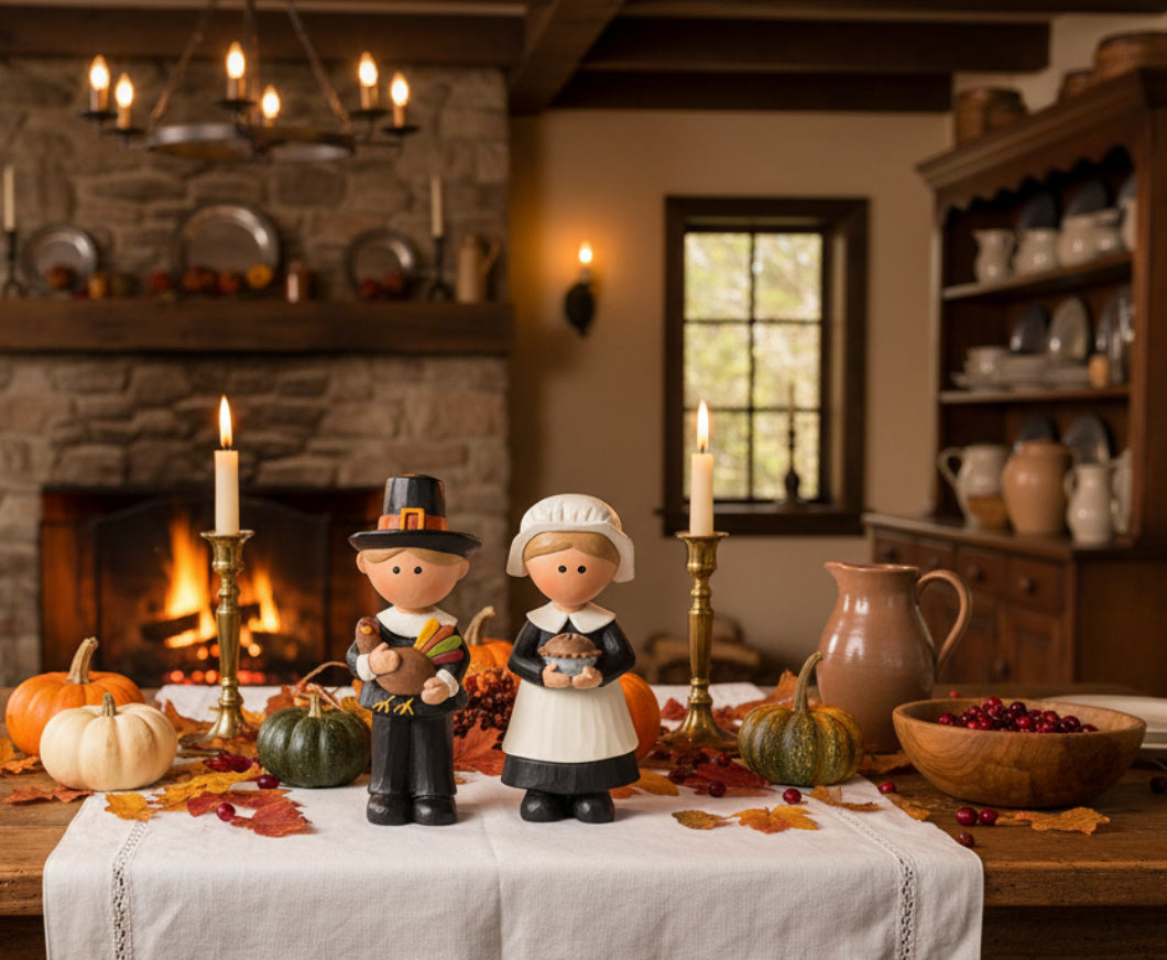 Blossom Bucket Pilgrim & Turkey Thanksgiving Figurine Set – 2 Pc Shelf Sitter - The Primitive Pineapple Collection