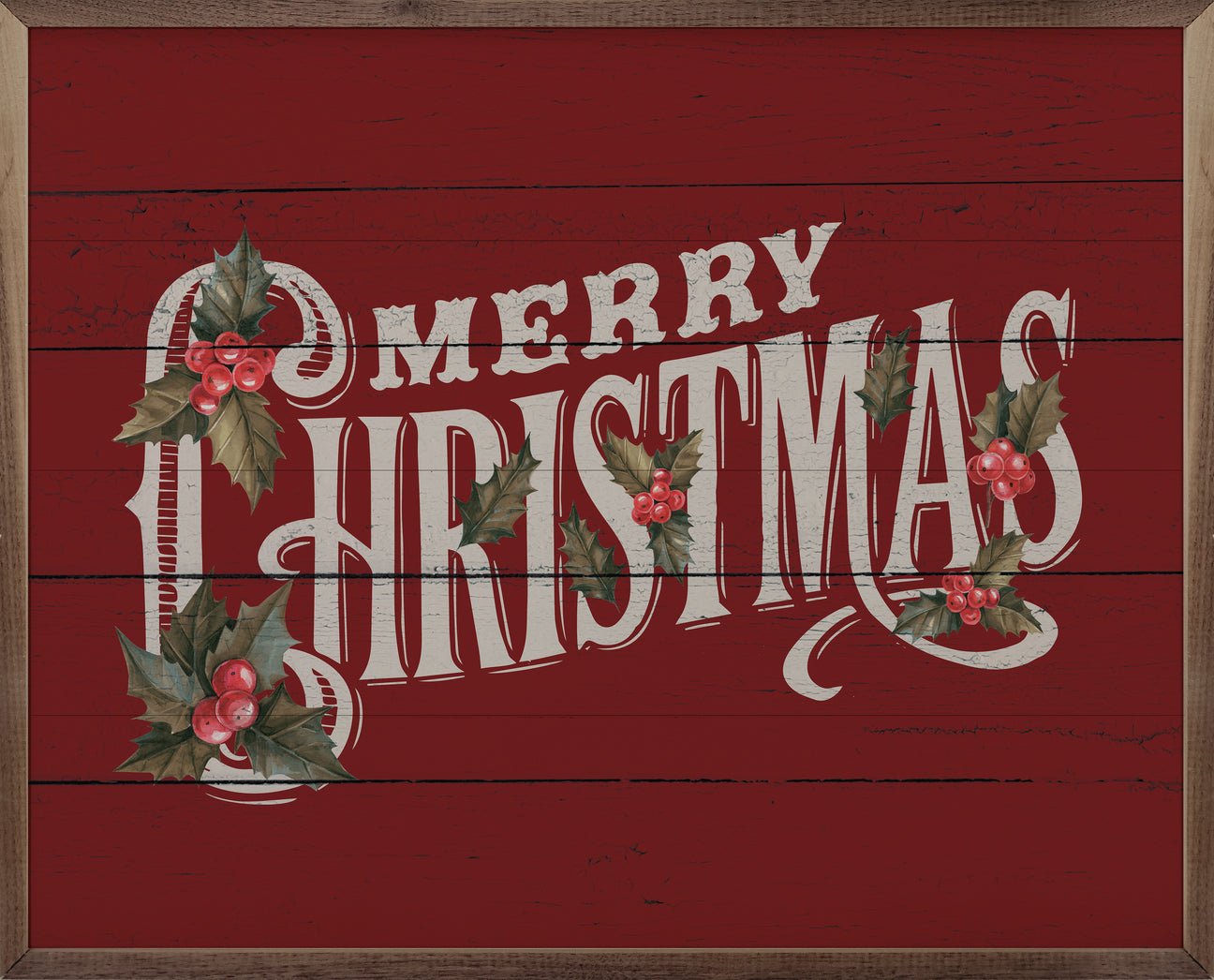 Handcrafted Walnut Framed Christmas Vintage Merry Christmas w/ Holly Art - The Primitive Pineapple Collection
